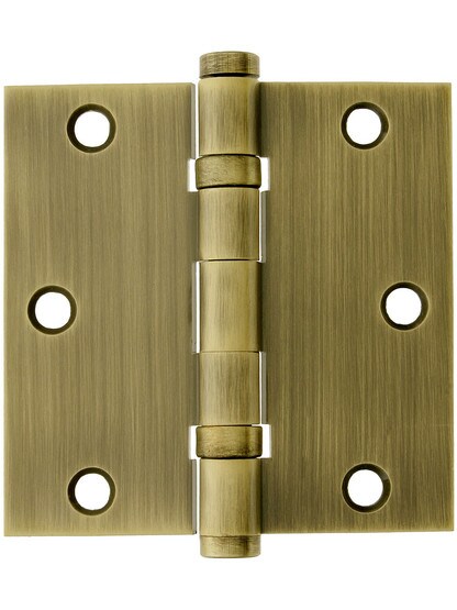 3 1/2 inch Solid Brass Ball Bearing Door Hinge With Button Tips in Antique Brass.